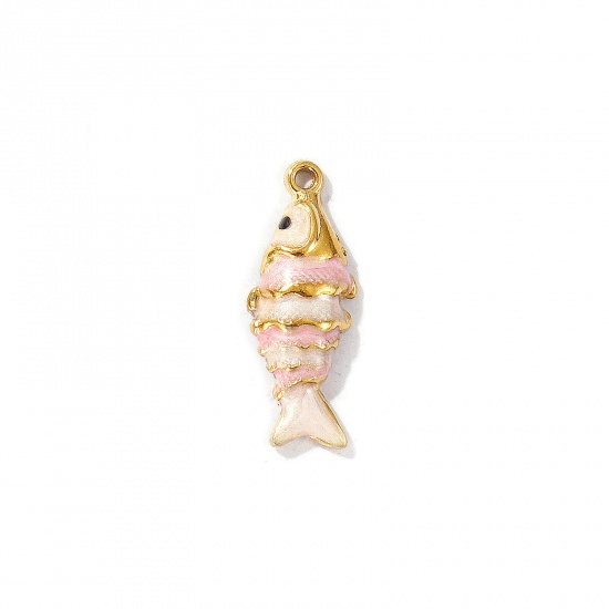 Picture of 2 PCs Eco-friendly PVD Vacuum Plating Waterproof Anti-Tarnish Hypoallergenic 304 Stainless Steel Ocean Jewelry Charms 18K Real Gold Plated Light Pink Enamel Fish Animal Pearlized 26mm x 10mm