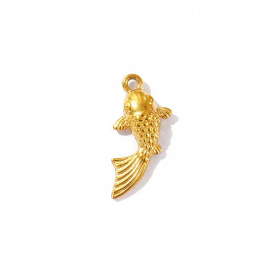 Picture of 5 PCs Eco-friendly PVD Vacuum Plating 304 Stainless Steel Ocean Jewelry Charms 18K Gold Plated Goldfish 3D 20mm x 9mm