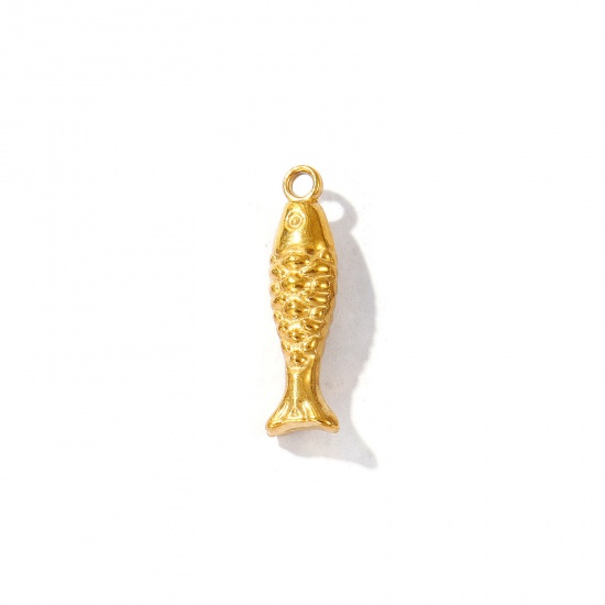 Picture of 5 PCs Eco-friendly PVD Vacuum Plating 304 Stainless Steel Ocean Jewelry Charms 18K Gold Plated Fish Animal 3D 20mm x 6mm