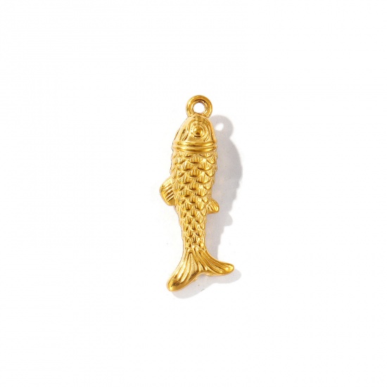 Picture of 5 PCs Eco-friendly PVD Vacuum Plating 304 Stainless Steel Ocean Jewelry Charms 18K Gold Plated Fish Animal 3D 28mm x 10mm