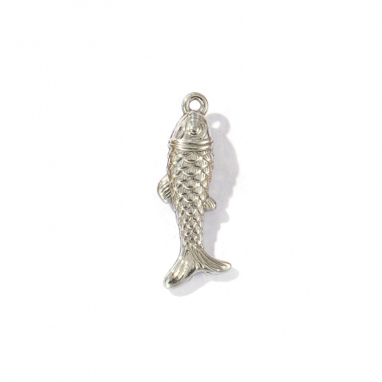 Picture of 5 PCs Eco-friendly 304 Stainless Steel Ocean Jewelry Charms Silver Tone Fish Animal 3D 28mm x 10mm
