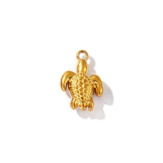 Picture of 5 PCs Eco-friendly PVD Vacuum Plating 304 Stainless Steel Ocean Jewelry Charms 18K Gold Plated Tortoise Animal 3D 12mm x 8.5mm