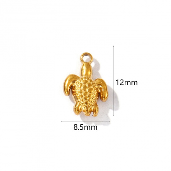 Picture of 5 PCs Eco-friendly PVD Vacuum Plating 304 Stainless Steel Ocean Jewelry Charms 18K Gold Plated Tortoise Animal 3D 12mm x 8.5mm
