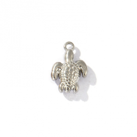 Picture of 5 PCs Eco-friendly 304 Stainless Steel Ocean Jewelry Charms Silver Tone Tortoise Animal 3D 12mm x 8.5mm