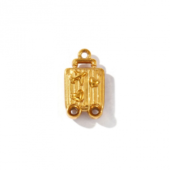 Picture of 2 PCs Eco-friendly PVD Vacuum Plating 304 Stainless Steel Travel Charms 18K Gold Plated Luggage Trolley Suitcase Airplane 18mm x 10mm