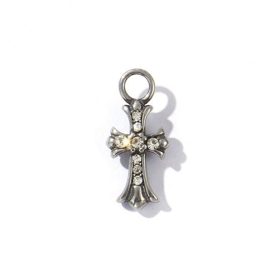 Picture of 1 Piece Eco-friendly 304 Stainless Steel Religious Charms Antique Silver Color Cross Iris Flower Micro Pave Clear Rhinestone 24mm x 11mm