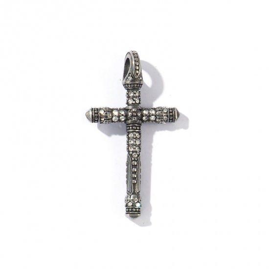 Picture of 1 Piece Eco-friendly 304 Stainless Steel Religious Pendants Antique Silver Color Cross Micro Pave Clear Rhinestone 4.4cm x 2.5cm
