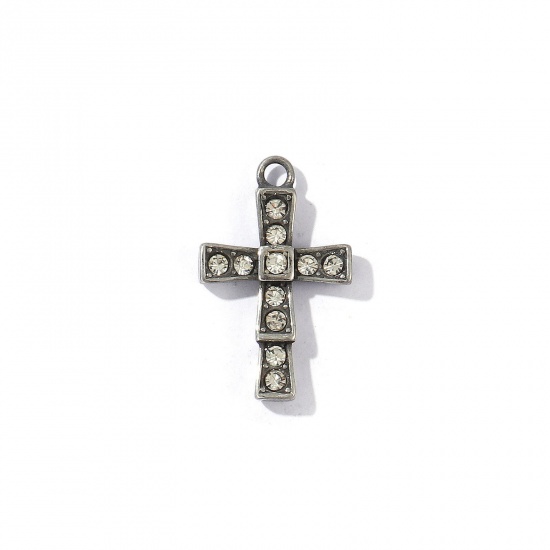 Picture of 1 Piece Eco-friendly 304 Stainless Steel Religious Charms Antique Silver Color Cross Micro Pave Clear Rhinestone 29mm x 18mm