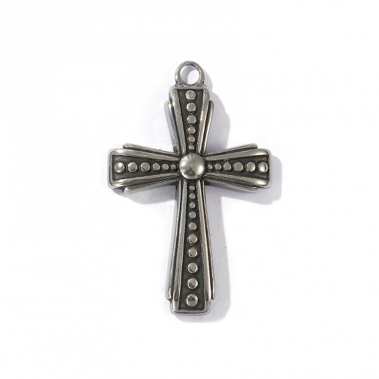Picture of 1 Piece Eco-friendly 304 Stainless Steel Religious Pendants Antique Silver Color Cross 5.2cm x 3.4cm