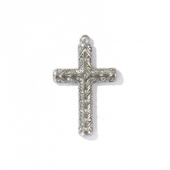 Picture of 1 Piece Eco-friendly 304 Stainless Steel Religious Pendants Antique Silver Color Cross Micro Pave Clear Rhinestone 3.4cm x 2.1cm