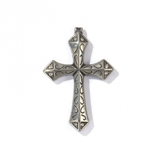 Picture of 1 Piece Eco-friendly 304 Stainless Steel Religious Pendants Antique Silver Color Cross Heart Micro Pave Clear Rhinestone 6.1cm x 4.1cm