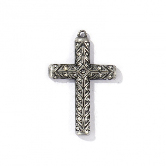 Picture of 1 Piece Eco-friendly 304 Stainless Steel Religious Pendants Antique Silver Color Cross Micro Pave Clear Rhinestone 3.9cm x 2.5cm