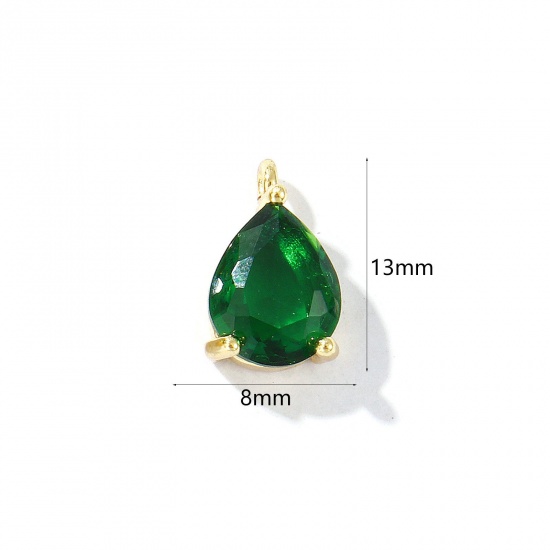 Bild von 1 Stück Umweltfreundlich Messing Geometrisch Charms 18K Echtgold plattiert Tropfen Smaragd Strassstein 13mm x 8mm