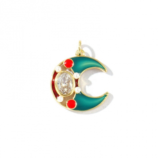 Bild von 1 Stück Umweltfreundlich Messing Galaxis Charms 18K Echtgold plattiert Bunt Emaille Halbmond Acryl Imitat Perle Transparent Strassstein 23mm x 18mm