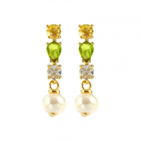 Immagine di Barocco Elegante Orecchini a Perno All'Ingrosso, Goccia Verde Strass 18K Vero Oro Placcato Ottone & Perla Naturale, Donne Ecologico Regalo Fornitura di Gioielli, 3.3cm x 0.9cm, Posta/Filo Dimensione: 0.7mm(21 misura), 1 Paio