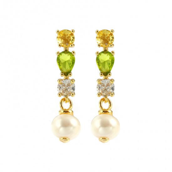Picture of Wholesale Baroque Dainty Ear Post Stud Earrings, Drop Green Rhinestone 18K Real Gold Plated Brass & Natural Pearl, Women's Eco-friendly Gift Jewelry Supply, 3.3cm x 0.9cm, Post/ Wire Size: 0.7mm(21 gauge), 1 Pair