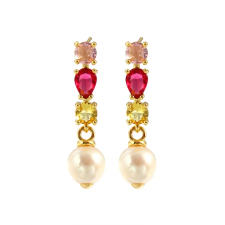 Immagine di Barocco Elegante Orecchini a Perno All'Ingrosso, Goccia Rosso Prugna Strass 18K Vero Oro Placcato Ottone & Perla Naturale, Donne Ecologico Regalo Fornitura di Gioielli, 3.3cm x 0.9cm, Posta/Filo Dimensione: 0.7mm(21 misura), 1 Paio