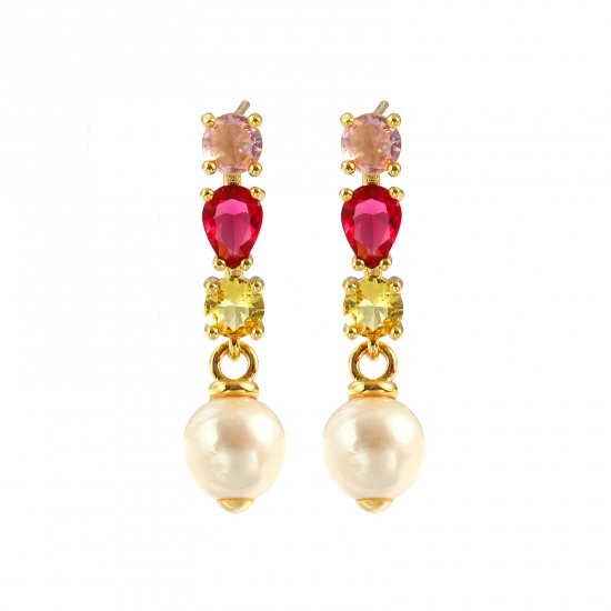 Picture of Wholesale Baroque Dainty Ear Post Stud Earrings, Drop Fuchsia Rhinestone 18K Real Gold Plated Brass & Natural Pearl, Women's Eco-friendly Gift Jewelry Supply, 3.3cm x 0.9cm, Post/ Wire Size: 0.7mm(21 gauge), 1 Pair