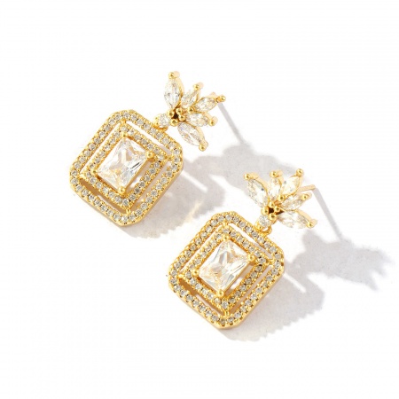 Immagine di Elegante Elegante Orecchini a Perno All'Ingrosso, Ottagono Trasparente Strass Micro Spianare 18K Vero Oro Placcato Ottone, Donne Ecologico Regalo Fornitura di Gioielli, 27mm x 14mm, Posta/Filo Dimensione: 0.7mm(21 misura), 1 Paio