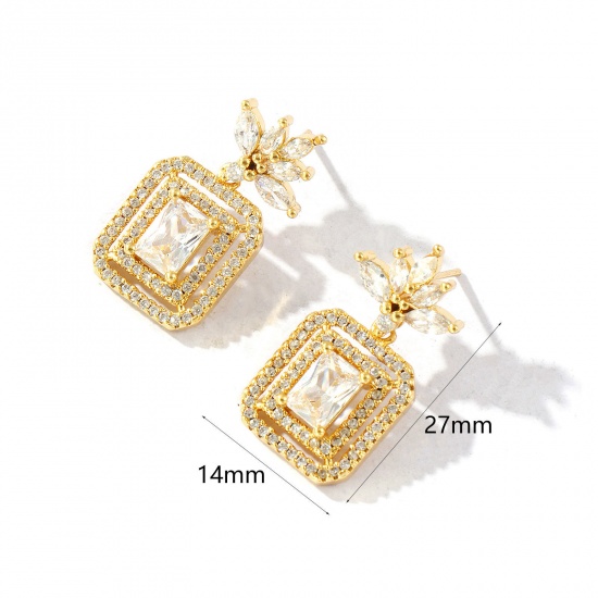 Picture of Wholesale Stylish Dainty Ear Post Stud Earrings, Octagon Clear Rhinestone Micro Pave 18K Real Gold Plated Brass, Women's Eco-friendly Gift Jewelry Supply, 27mm x 14mm, Post/ Wire Size: 0.7mm(21 gauge), 1 Pair