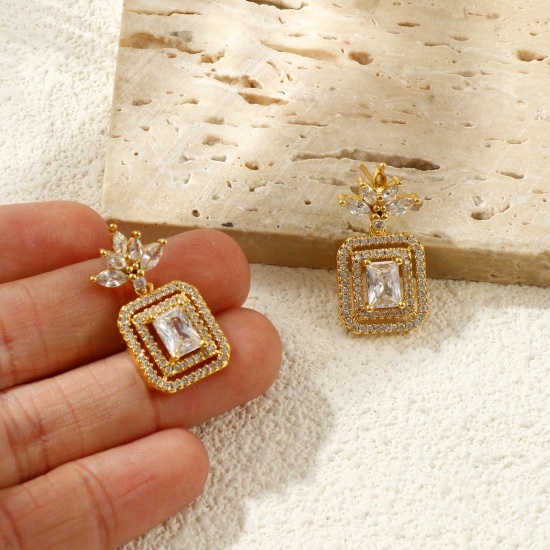 Picture of Wholesale Stylish Dainty Ear Post Stud Earrings, Octagon Clear Rhinestone Micro Pave 18K Real Gold Plated Brass, Women's Eco-friendly Gift Jewelry Supply, 27mm x 14mm, Post/ Wire Size: 0.7mm(21 gauge), 1 Pair