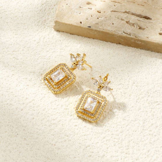 Picture of Wholesale Stylish Dainty Ear Post Stud Earrings, Octagon Clear Rhinestone Micro Pave 18K Real Gold Plated Brass, Women's Eco-friendly Gift Jewelry Supply, 27mm x 14mm, Post/ Wire Size: 0.7mm(21 gauge), 1 Pair