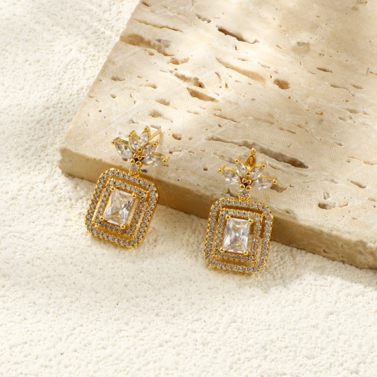 Picture of Wholesale Stylish Dainty Ear Post Stud Earrings, Octagon Clear Rhinestone Micro Pave 18K Real Gold Plated Brass, Women's Eco-friendly Gift Jewelry Supply, 27mm x 14mm, Post/ Wire Size: 0.7mm(21 gauge), 1 Pair