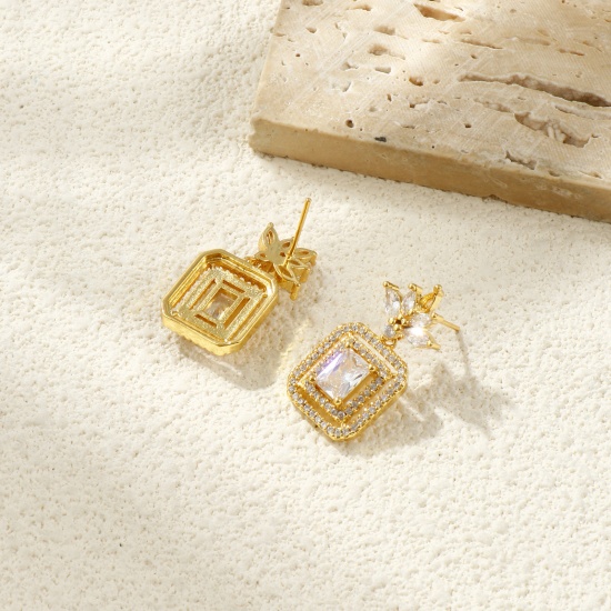Picture of Wholesale Stylish Dainty Ear Post Stud Earrings, Octagon Clear Rhinestone Micro Pave 18K Real Gold Plated Brass, Women's Eco-friendly Gift Jewelry Supply, 27mm x 14mm, Post/ Wire Size: 0.7mm(21 gauge), 1 Pair