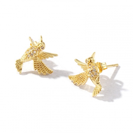 Picture of Wholesale Stylish Natural Pastoral Ear Post Stud Earrings, Hummingbird Clear Rhinestone Micro Pave 18K Real Gold Plated Brass, Women's Eco-friendly Gift Jewelry Supply, 13.5mm x 12.5mm, Post/ Wire Size: 0.8mm(20 gauge), 1 Pair