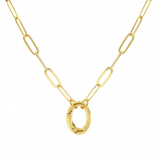 Picture of 1 Piece Brass Simple Paperclip Link Chain Charm Holder Necklace 18K Gold Plated Oval 47cm(18.5") + 5cm(2") long, Chain Size: 5mm