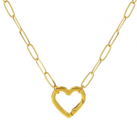 Picture of 1 Piece Brass Valentine's Day Paperclip Link Chain Charm Holder Necklace 18K Gold Plated Heart 48cm(18.9") + 5cm(2") long, Chain Size: 5mm