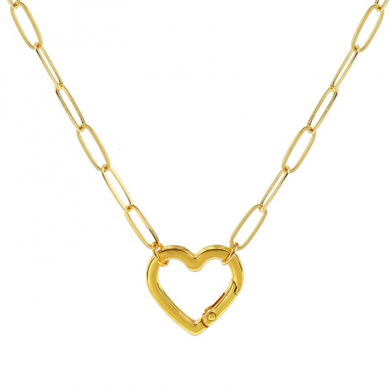 Picture of 1 Piece Brass Valentine's Day Paperclip Link Chain Charm Holder Necklace 18K Gold Plated Heart 48cm(18.9") + 5cm(2") long, Chain Size: 5mm