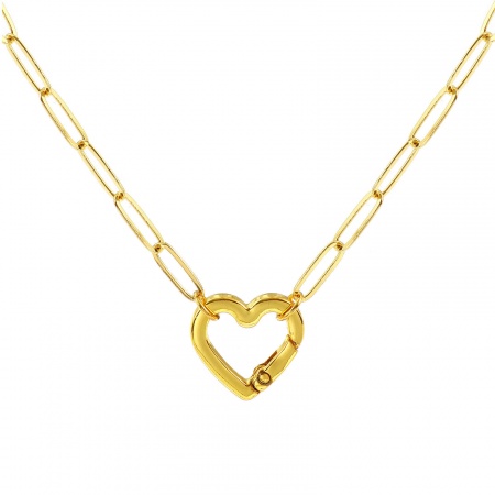 Picture of 1 Piece Brass Valentine's Day Paperclip Link Chain Charm Holder Necklace 18K Gold Plated Heart 47cm(18.5") + 5cm(2") long, Chain Size: 5mm