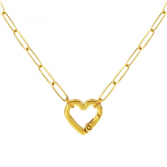 Picture of 1 Piece Brass Valentine's Day Paperclip Link Chain Charm Holder Necklace 18K Gold Plated Heart 47cm(18.5") + 5cm(2") long, Chain Size: 5mm