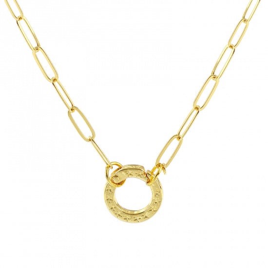 Picture of 1 Piece Brass Simple Paperclip Link Chain Charm Holder Necklace 18K Gold Plated Round 47cm(18.5") + 5cm(2") long, Chain Size: 5mm
