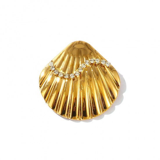 Picture of 1 Piece Eco-friendly PVD Vacuum Plating Waterproof Anti-Tarnish Hypoallergenic 304 Stainless Steel Pendants 18K Real Gold Plated Shell Micro Pave Clear Rhinestone 3.5cm x 3.5cm