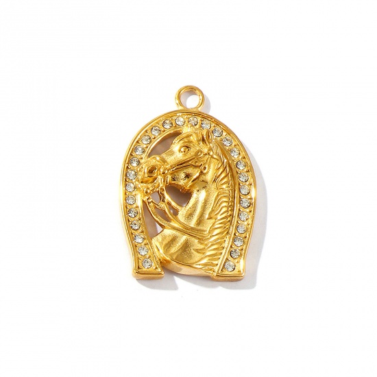 Picture of 1 Piece Eco-friendly PVD Vacuum Plating Waterproof Anti-Tarnish Hypoallergenic 304 Stainless Steel West Cowboy Pendants 18K Real Gold Plated Horse Animal Micro Pave Clear Rhinestone 4.3cm x 2.8cm