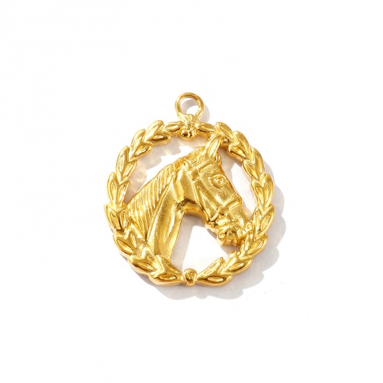 Picture of 1 Piece Eco-friendly PVD Vacuum Plating Waterproof Anti-Tarnish Hypoallergenic 304 Stainless Steel West Cowboy Pendants 18K Real Gold Plated Horse Animal Hollow 4.4cm x 3.7cm