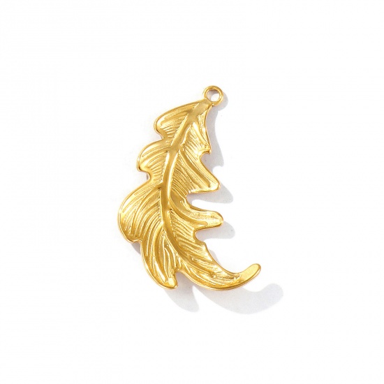 Picture of 1 Piece Eco-friendly PVD Vacuum Plating Waterproof Anti-Tarnish Hypoallergenic 304 Stainless Steel Pendants 18K Real Gold Plated Feather 3.8cm x 2.5cm