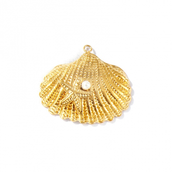 Picture of 1 Piece Eco-friendly PVD Vacuum Plating Waterproof Anti-Tarnish Hypoallergenic 304 Stainless Steel Pendants 18K Real Gold Plated Shell Star Fish Acrylic Imitation Pearl 3.5cm x 3cm