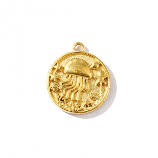 Picture of 1 Piece Eco-friendly PVD Vacuum Plating Waterproof Anti-Tarnish Hypoallergenic 304 Stainless Steel Ocean Jewelry Charms 18K Real Gold Plated Round Disc Jellyfish 23mm x 20mm