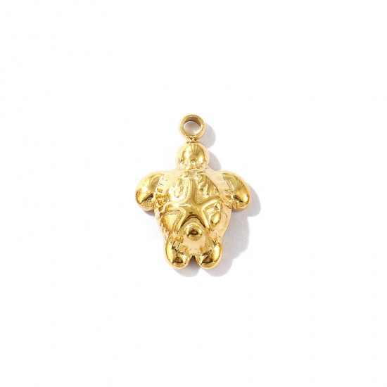 Picture of 1 Piece Eco-friendly PVD Vacuum Plating Waterproof Anti-Tarnish Hypoallergenic 304 Stainless Steel Ocean Jewelry Charms 18K Real Gold Plated Tortoise Animal 14mm x 10mm