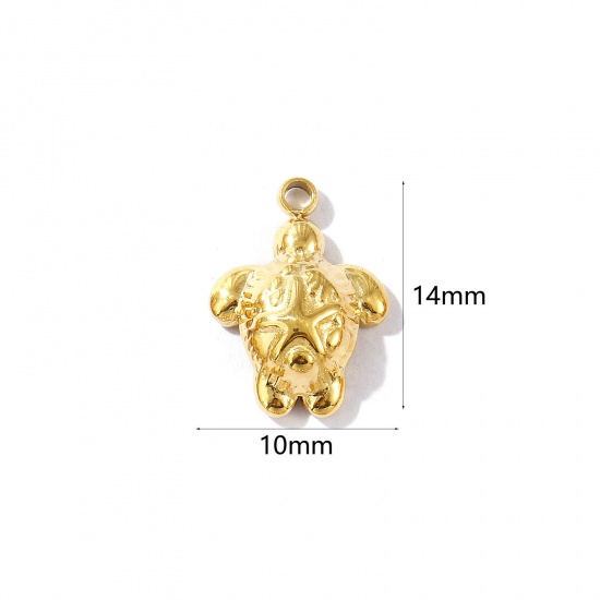 Picture of 1 Piece Eco-friendly PVD Vacuum Plating Waterproof Anti-Tarnish Hypoallergenic 304 Stainless Steel Ocean Jewelry Charms 18K Real Gold Plated Tortoise Animal 14mm x 10mm