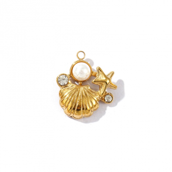 Picture of 1 Piece Eco-friendly PVD Vacuum Plating Waterproof Anti-Tarnish Hypoallergenic 304 Stainless Steel Ocean Jewelry Charms 18K Real Gold Plated Shell Acrylic Imitation Pearl Clear Rhinestone 18mm x 16mm