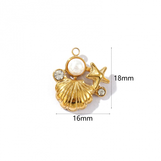 Picture of 1 Piece Eco-friendly PVD Vacuum Plating Waterproof Anti-Tarnish Hypoallergenic 304 Stainless Steel Ocean Jewelry Charms 18K Real Gold Plated Shell Acrylic Imitation Pearl Clear Rhinestone 18mm x 16mm