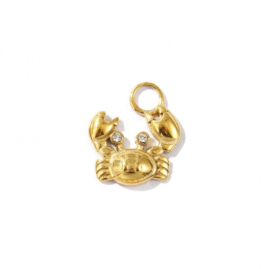 Picture of 1 Piece Eco-friendly PVD Vacuum Plating Waterproof Anti-Tarnish Hypoallergenic 304 Stainless Steel Ocean Jewelry Charms 18K Real Gold Plated Crab Animal Clear Rhinestone 16mm x 14mm