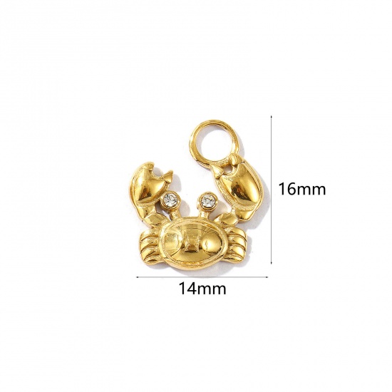 Picture of 1 Piece Eco-friendly PVD Vacuum Plating Waterproof Anti-Tarnish Hypoallergenic 304 Stainless Steel Ocean Jewelry Charms 18K Real Gold Plated Crab Animal Clear Rhinestone 16mm x 14mm