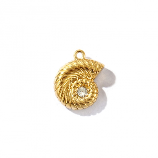 Picture of 1 Piece Eco-friendly PVD Vacuum Plating Waterproof Anti-Tarnish Hypoallergenic 304 Stainless Steel Charms 18K Real Gold Plated Conch/ Sea Snail 3D Clear Rhinestone 17mm x 14mm
