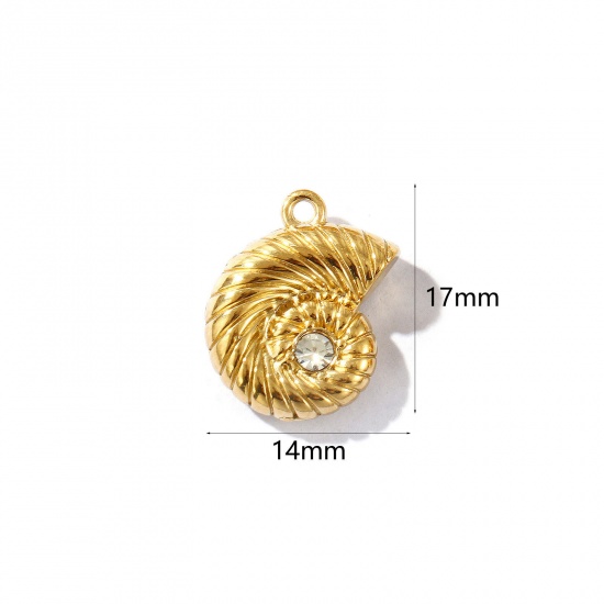 Picture of 1 Piece Eco-friendly PVD Vacuum Plating Waterproof Anti-Tarnish Hypoallergenic 304 Stainless Steel Charms 18K Real Gold Plated Conch/ Sea Snail 3D Clear Rhinestone 17mm x 14mm