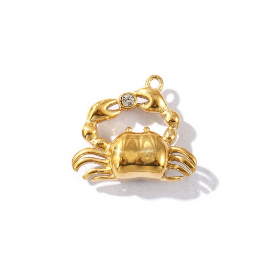 Picture of 1 Piece Eco-friendly PVD Vacuum Plating Waterproof Anti-Tarnish Hypoallergenic 304 Stainless Steel Ocean Jewelry Charms 18K Real Gold Plated Crab Animal 3D Clear Rhinestone 22mm x 20mm